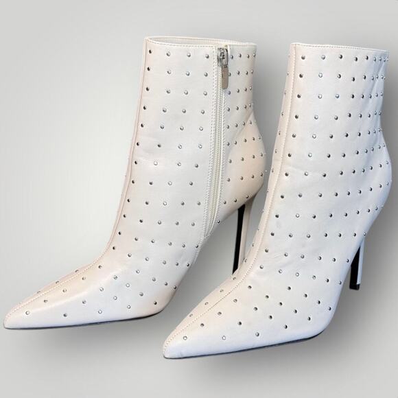 New Nine West Farrah Pointy Toe Stiletto Zip-Up Booties White w/ Studs, Wm's 9.5 - Picture 3 of 11